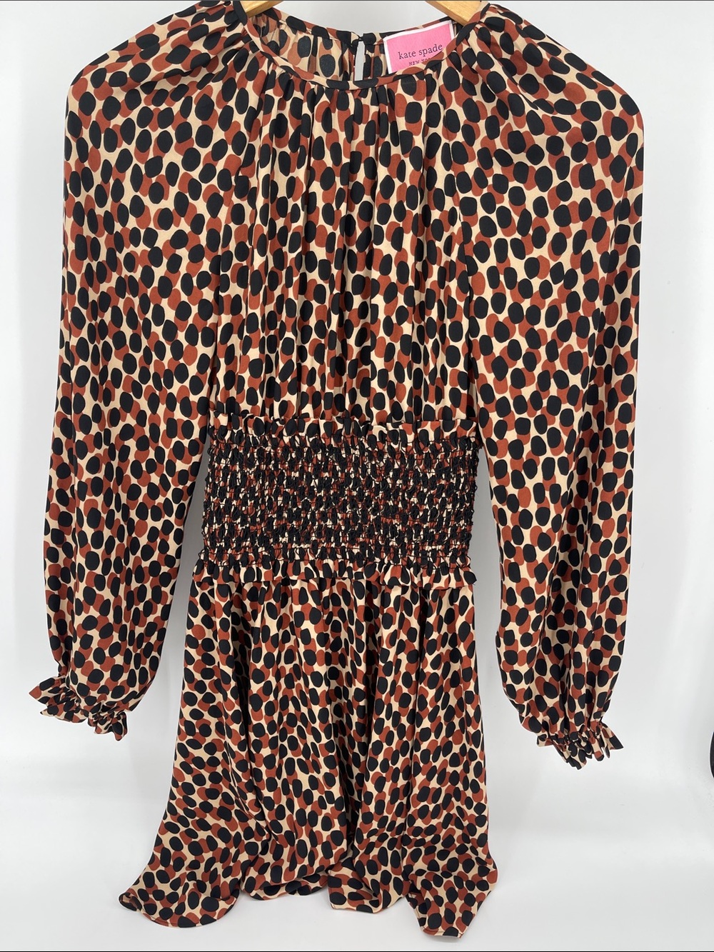 kate spade Dotty Leopard Print Long Sleeve Smocked Waist Spin Dress XS